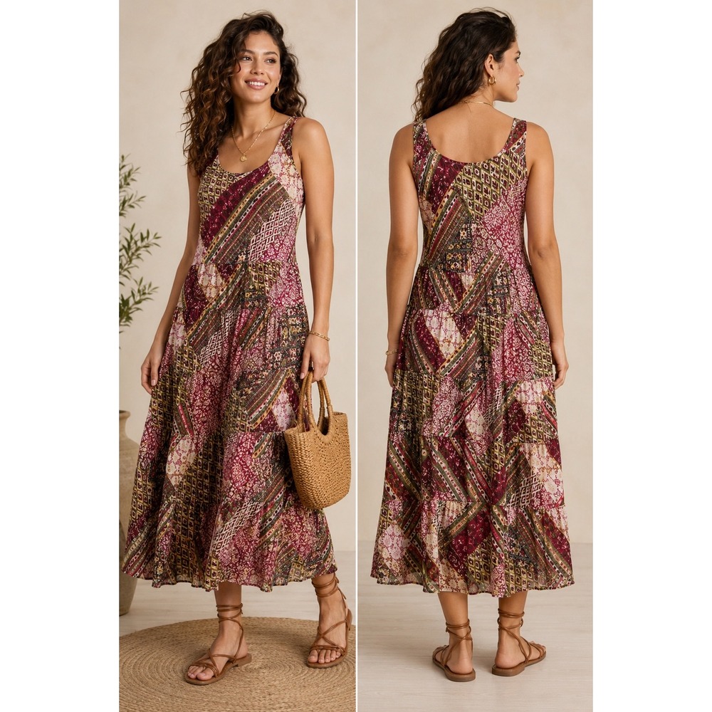 Jones Studio Boho Patchwork Tiered Maxi Dress Festival Prairie Cottagecore